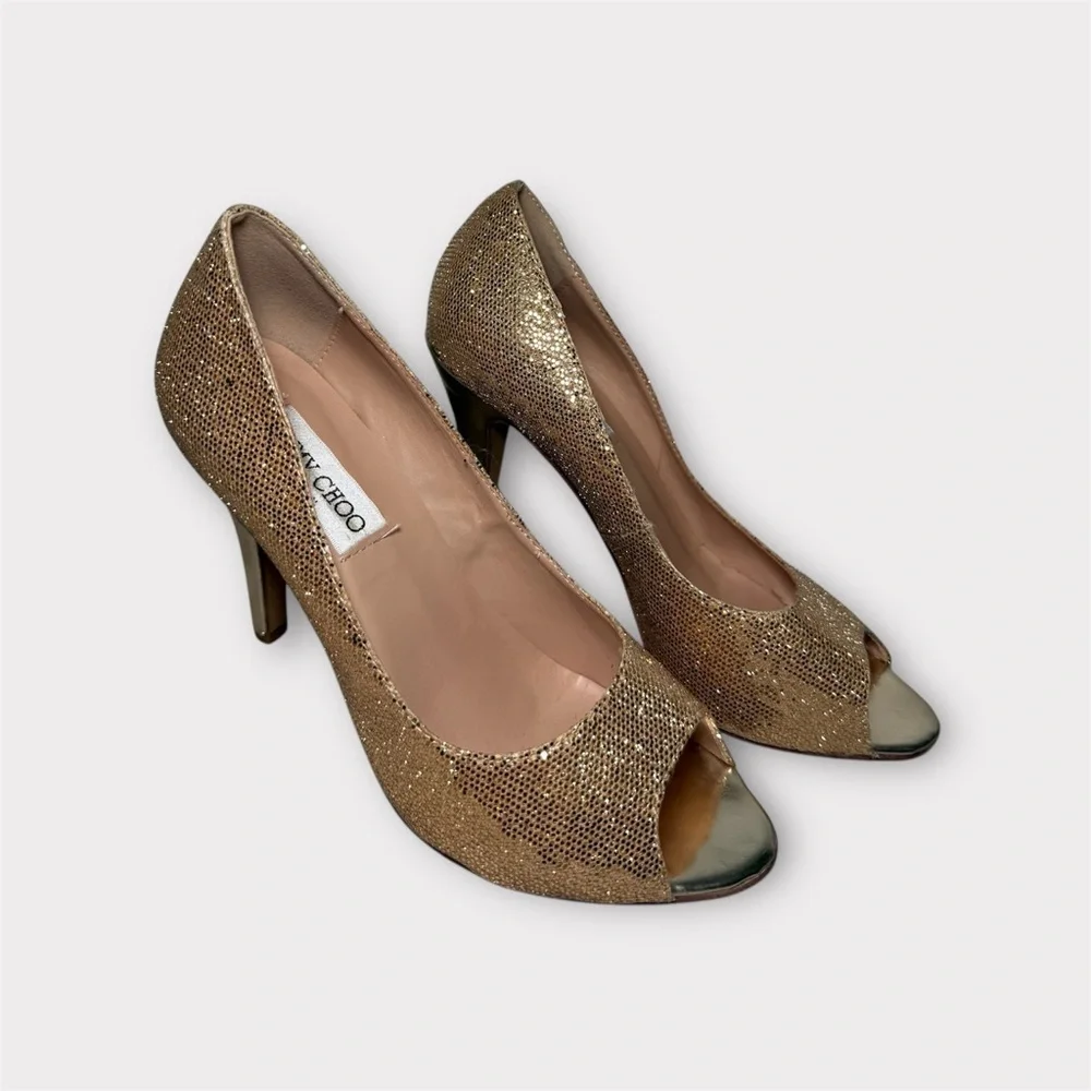 Jimmy Choo Gold Glitter Peep Toe Pumps Women’s EU 38 US 7.5 Stiletto Heels
